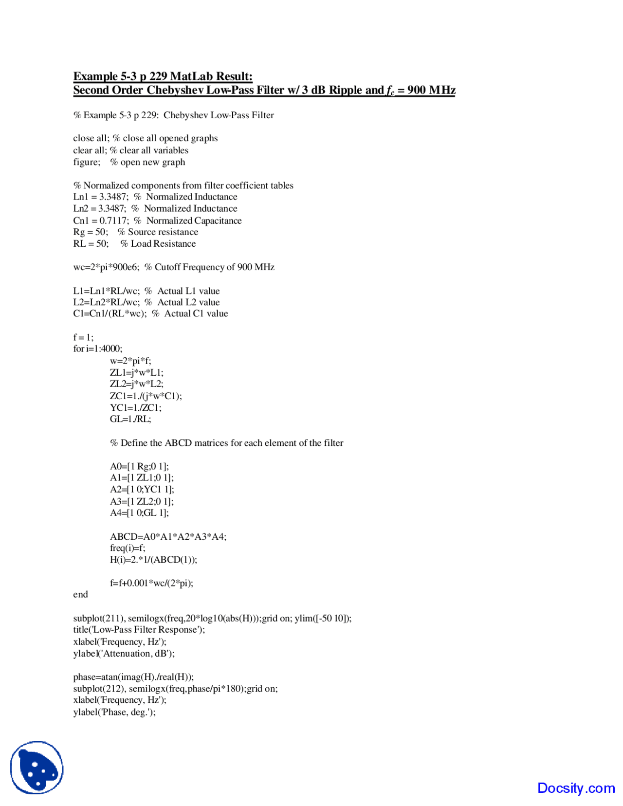 Chebyshev Low Pass - RF and Microwave Engineering - Lab Notes - Docsity