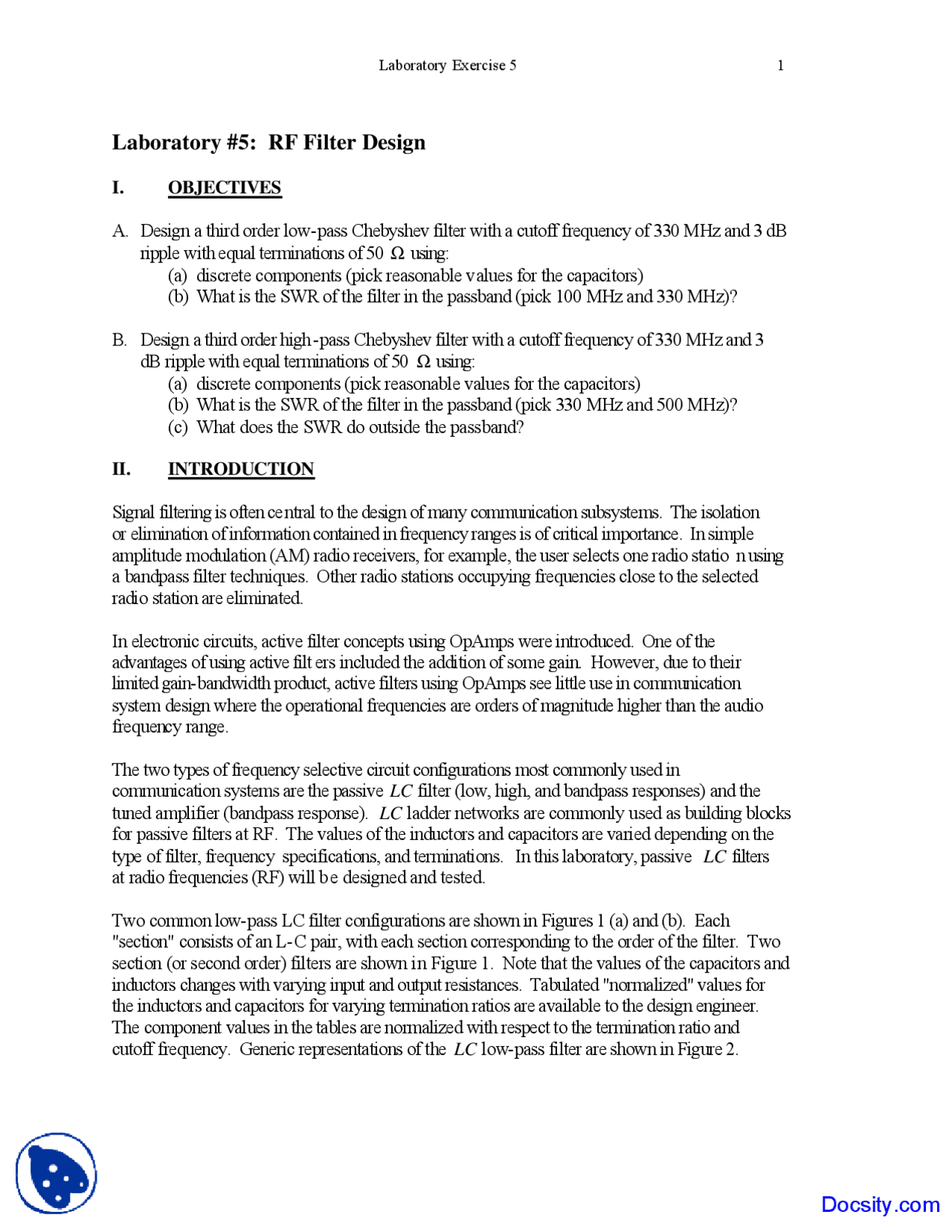 Rf Engineering Notes Filter Design One - RF and Microwave Engineering - Lab Notes - Docsity