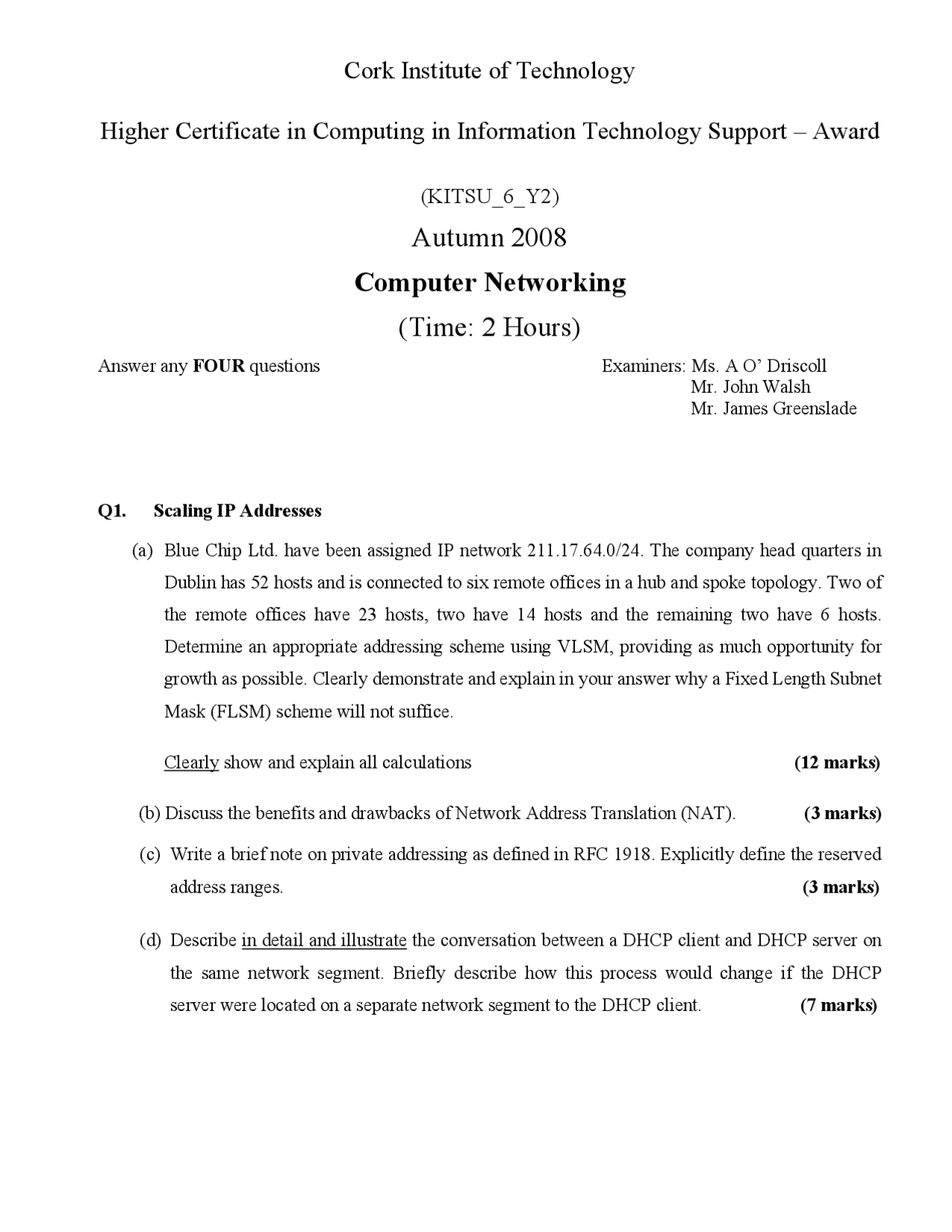 Autumn 2008 Exam: Computing IT Support - Computer Networking | Exams ...