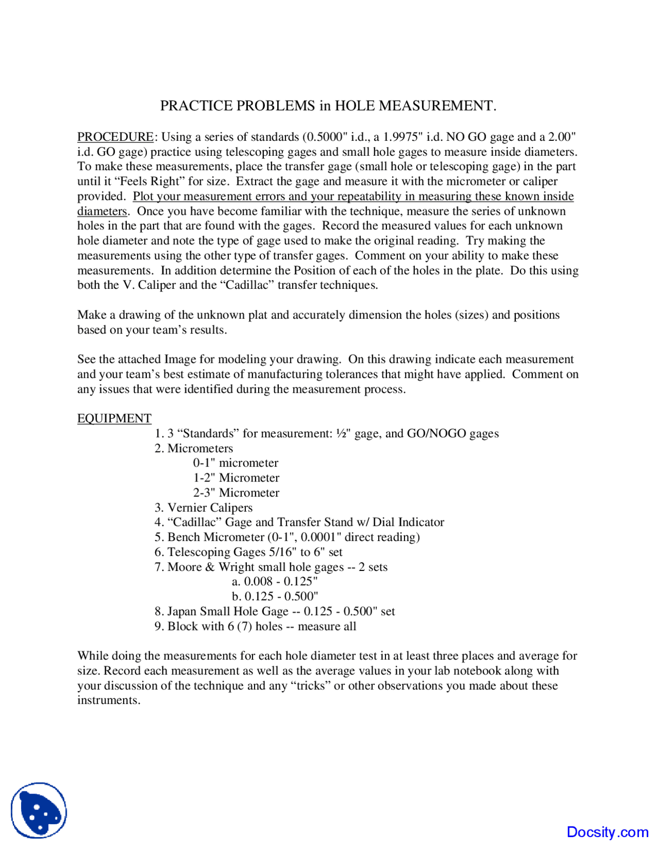 Hole Measurement - Design and Manufacturing Engineering - Lecture Notes ...