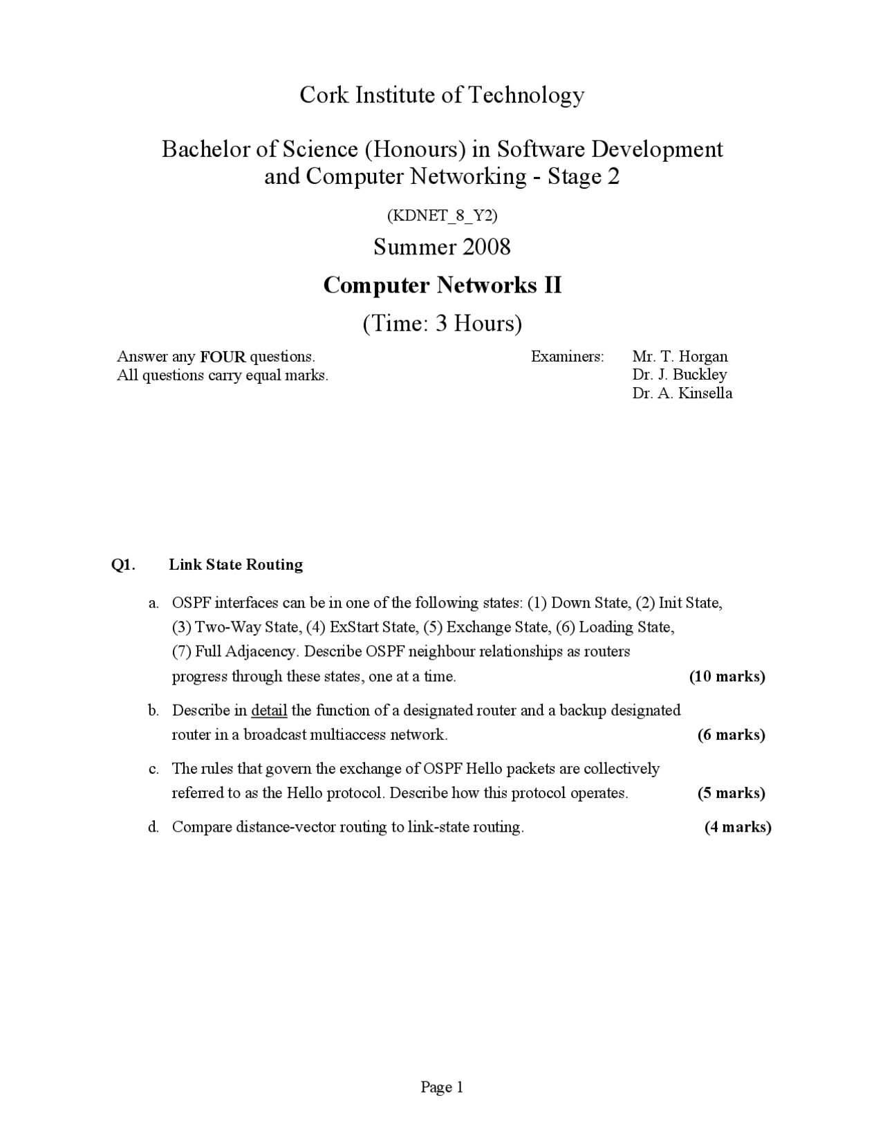 Spanning Tree Protocol - Computer Networks - Old Exam Paper - Docsity