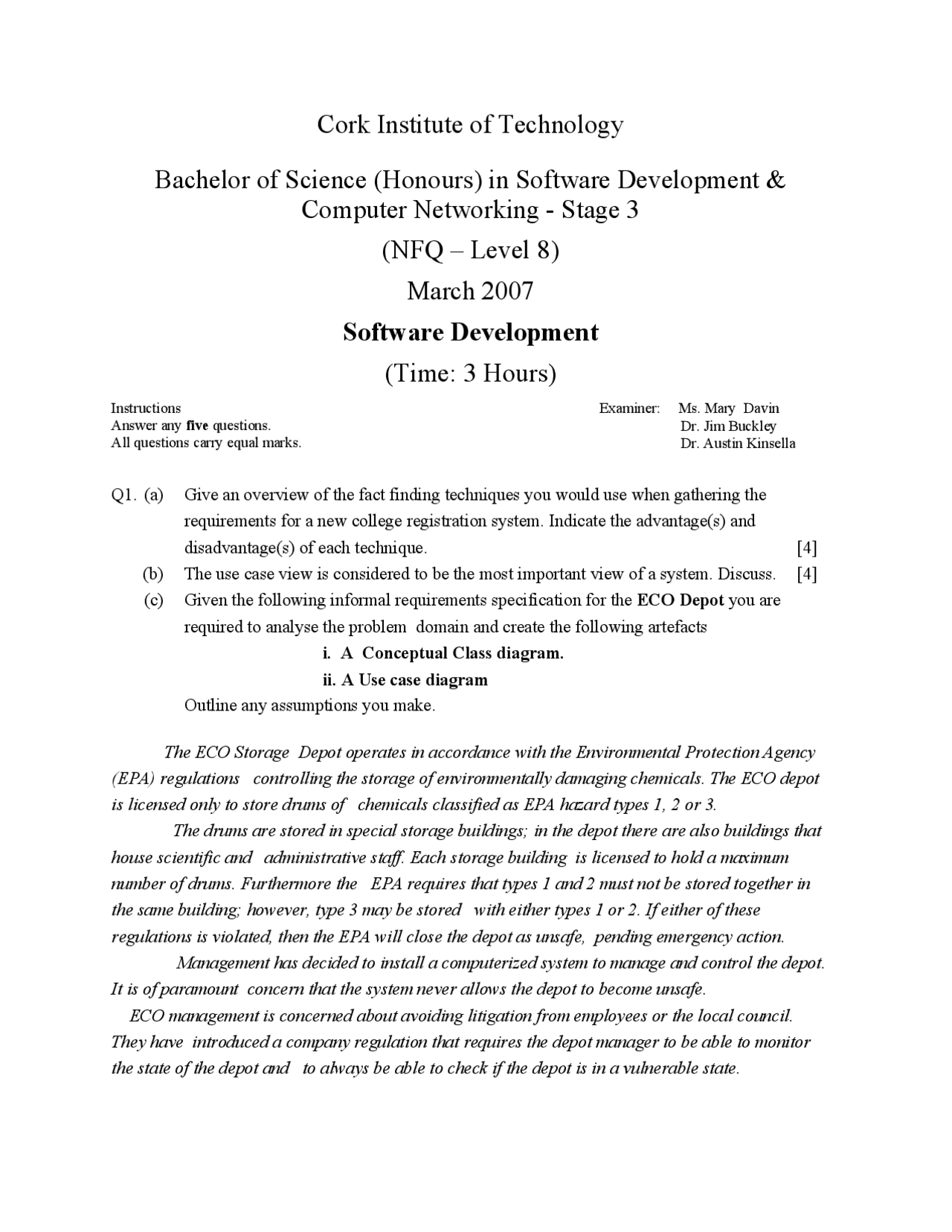 Environmental Protection Agency - Software Development - Old Exam - Docsity