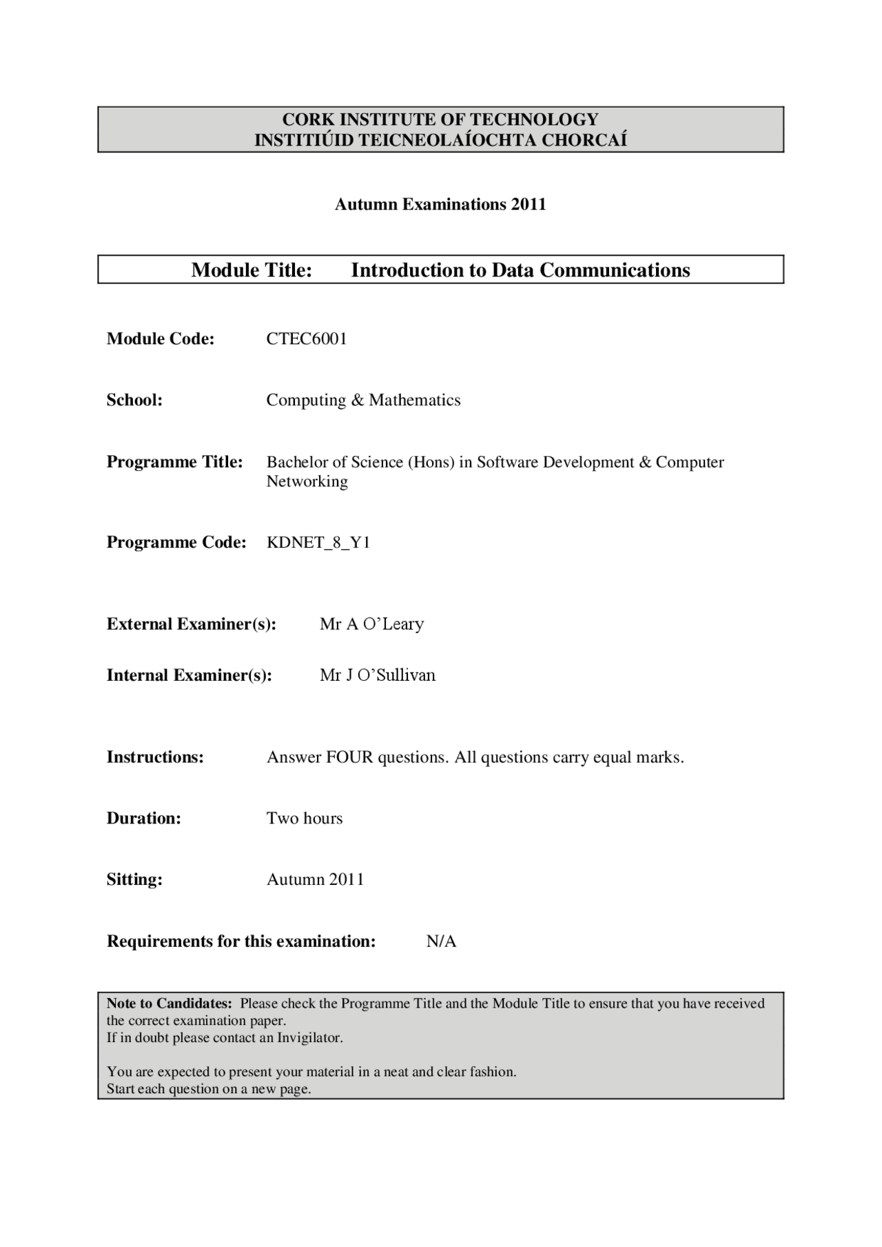 Communications Systems - Introduction to Data Communications - Exam ...