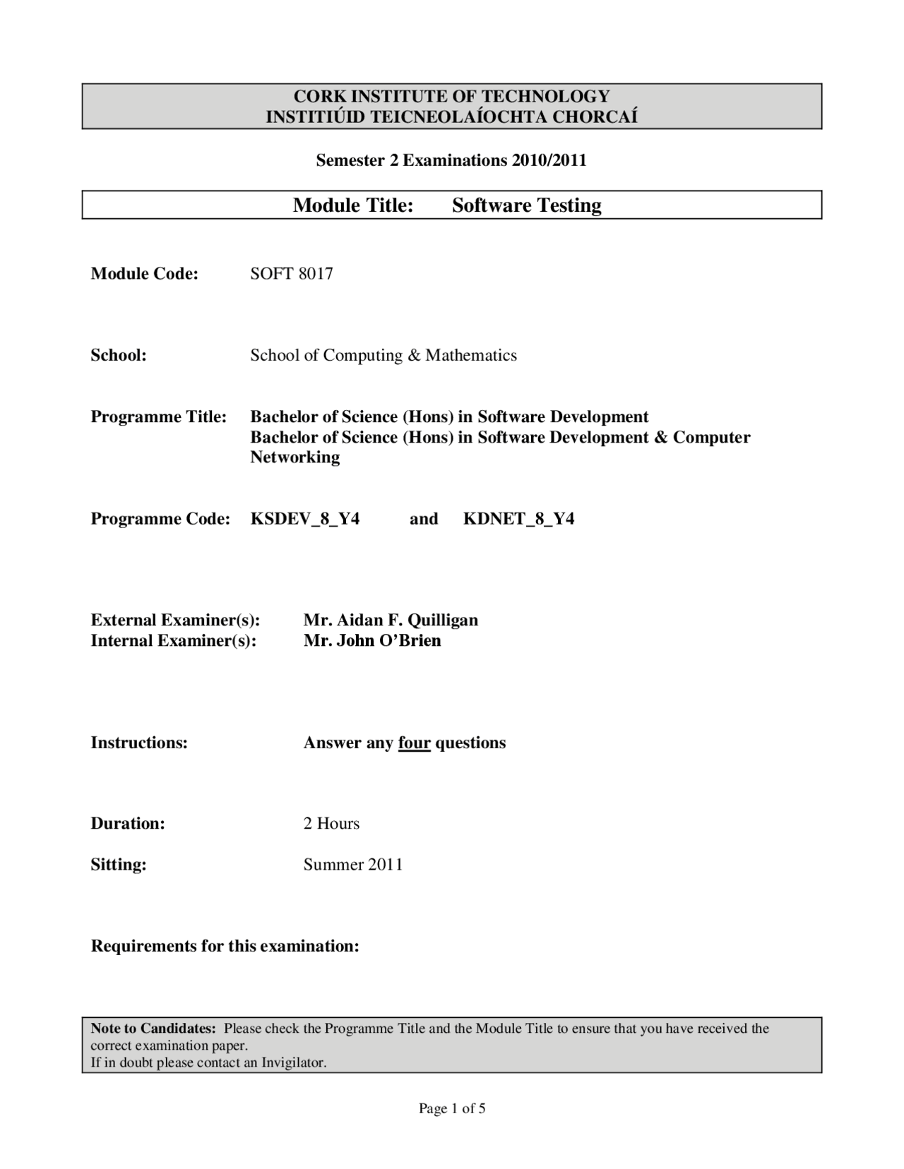 Software Qualification Test Format Functional Testing - Software Testingt - Old Exam | Exams Software ...