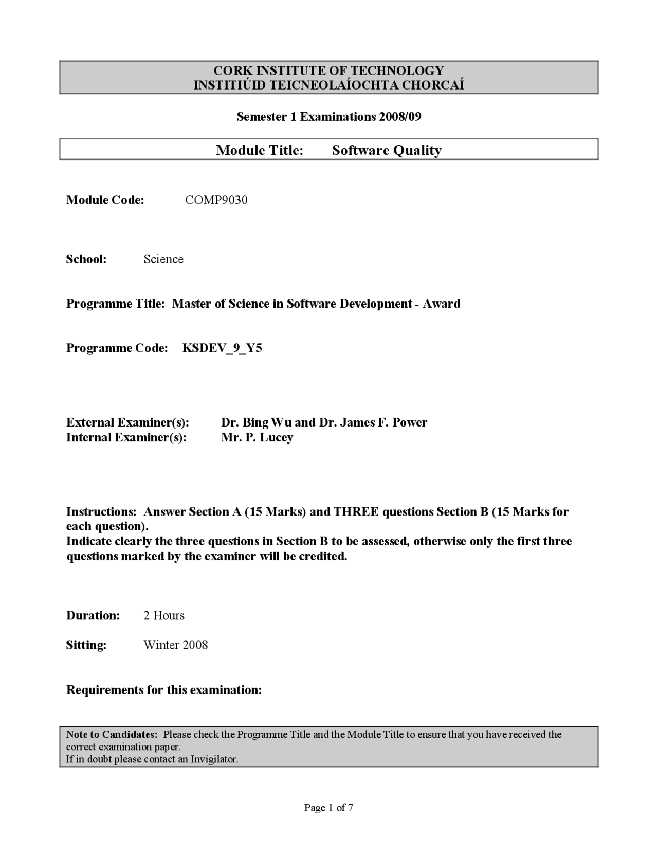 Software Qualification Test Format Software Quality - Software Quality - Exam Paper - Docsity