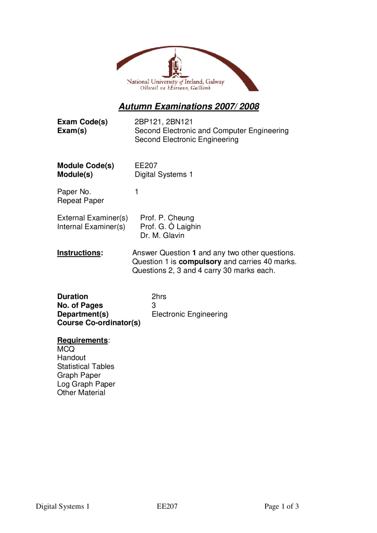 Digital Systems 1 Exam: Autumn 2007/2008 - EE207 | Exams Digital ...