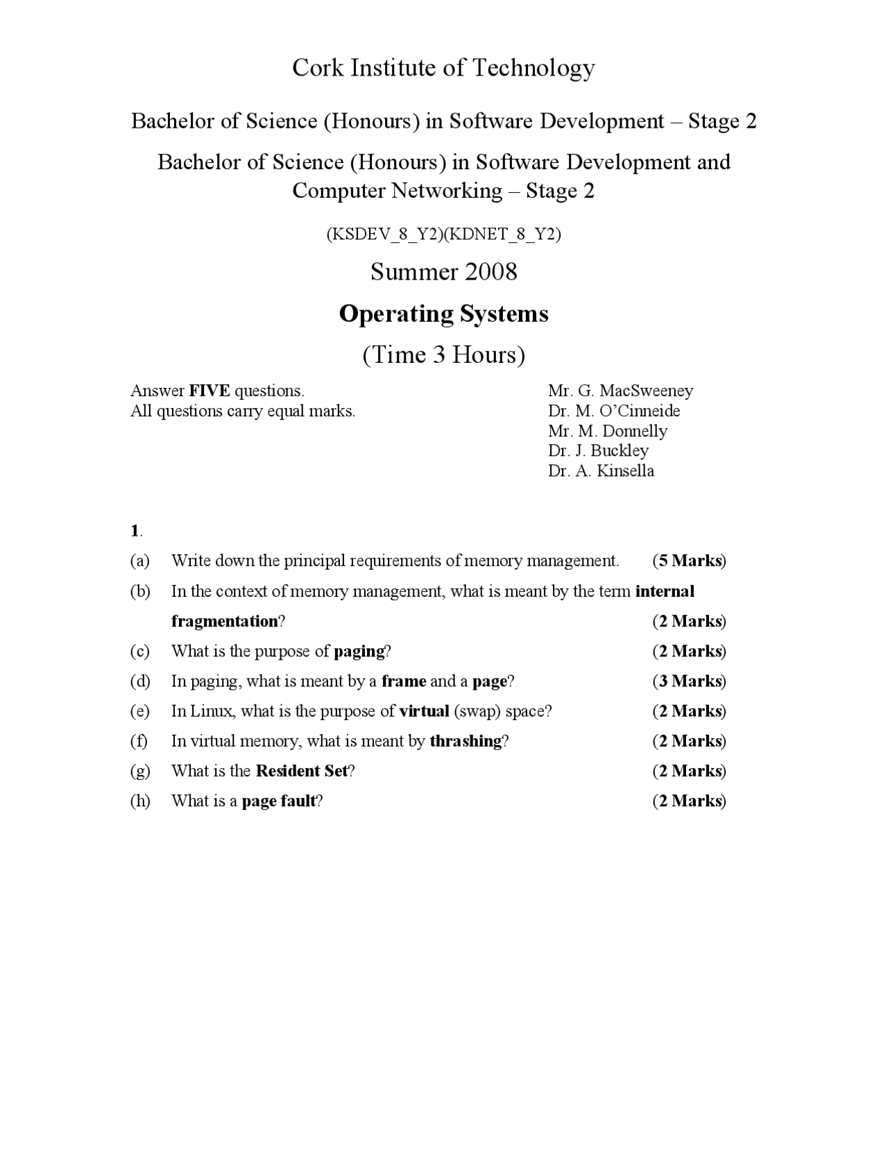 Encryption Algorithm - Operating Systems - Old Exam - Docsity