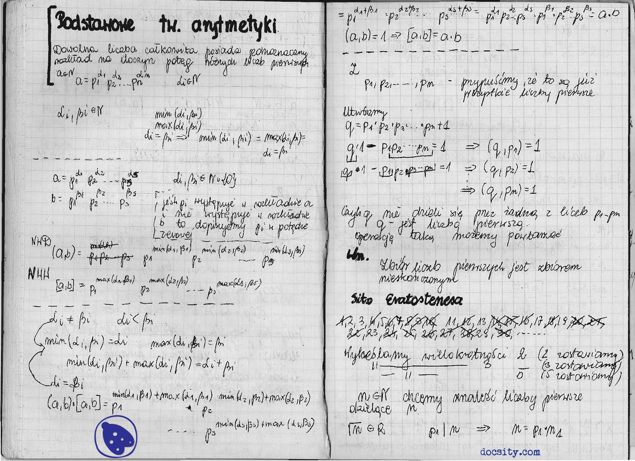 Podstawowe twierdzenie arytmetyki - Notatki - Algebra ogólna - Docsity