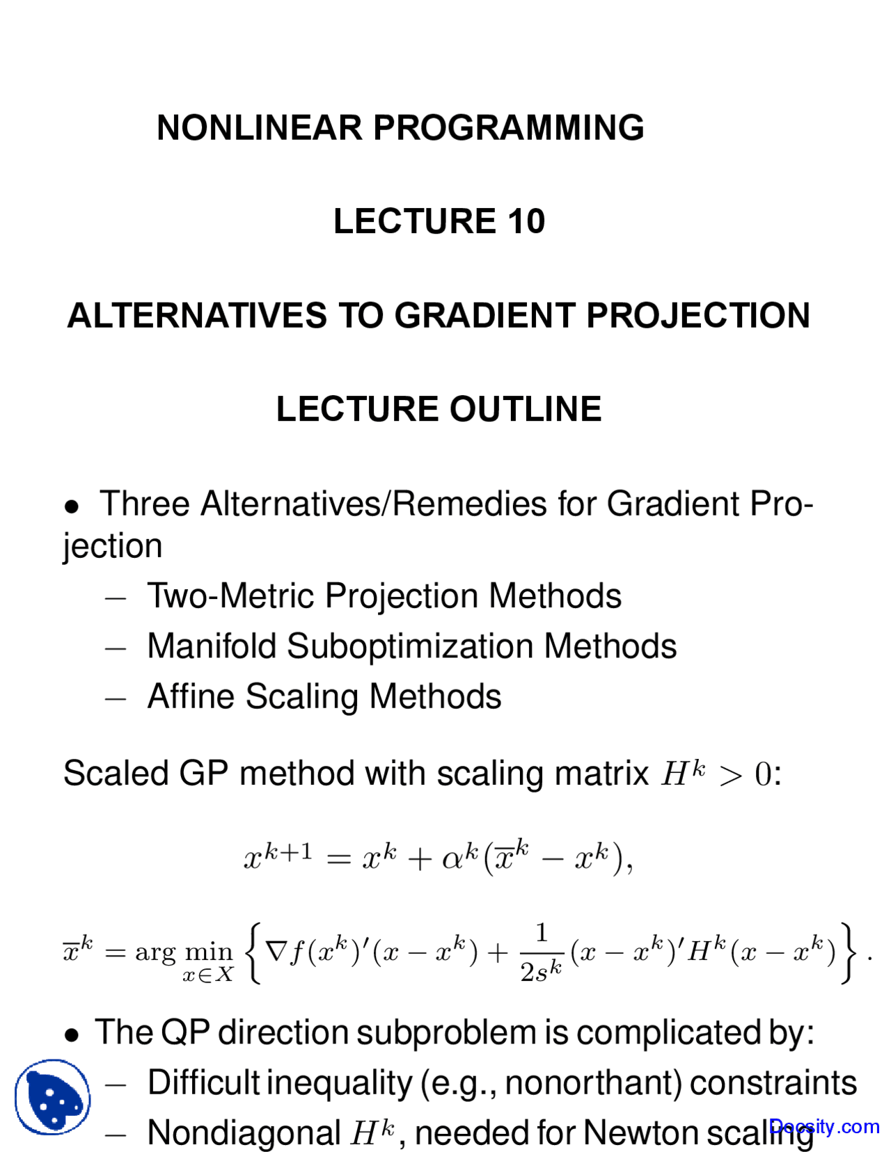 Alternative to Gradient Projection - Nonlinear Programming - Lecture ...