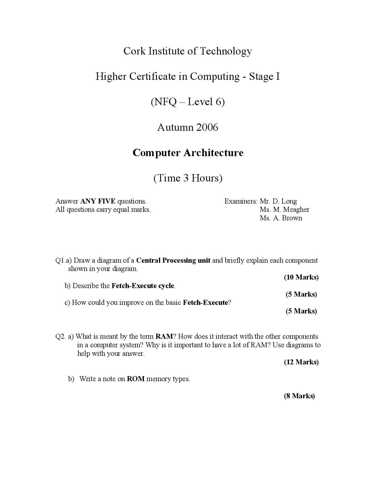 Exam Computer Processing Central Processing Unit - Computer Architecture - Past Exam - Docsity
