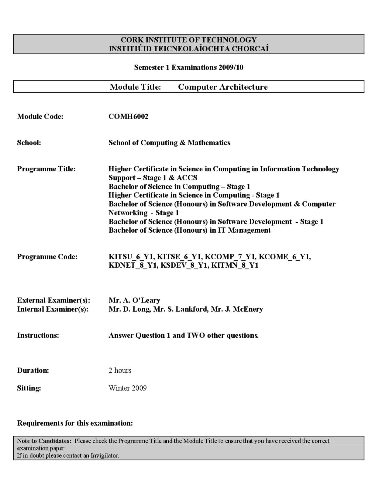 Control Unit Computer Architecture Past Exam Docsity