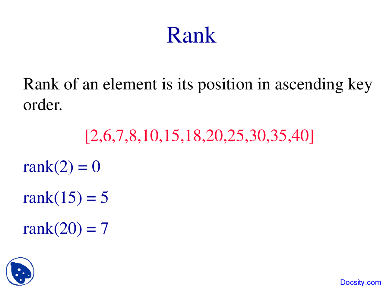 Rank Algorithm Mechanism Rank - Algorithms and Applications in Java - Lecture Slides - Docsity