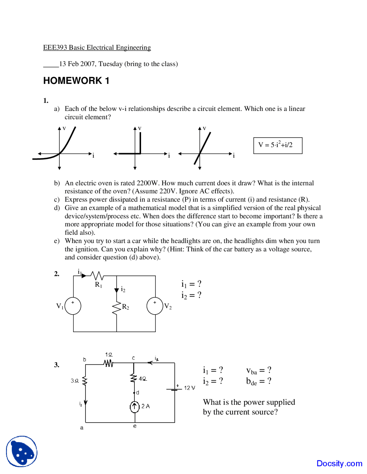 Electrical Engineering Homework Example Linear Circuit Element - Basic Electrical Engineering - Homework - Docsity