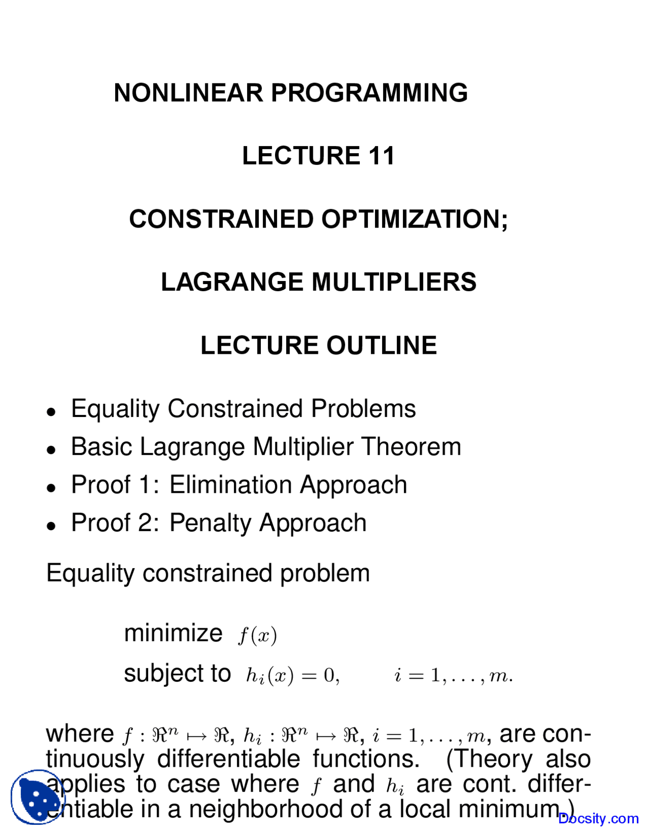 Constrained Optimization - Nonlinear Programming - Lecture Slides - Docsity