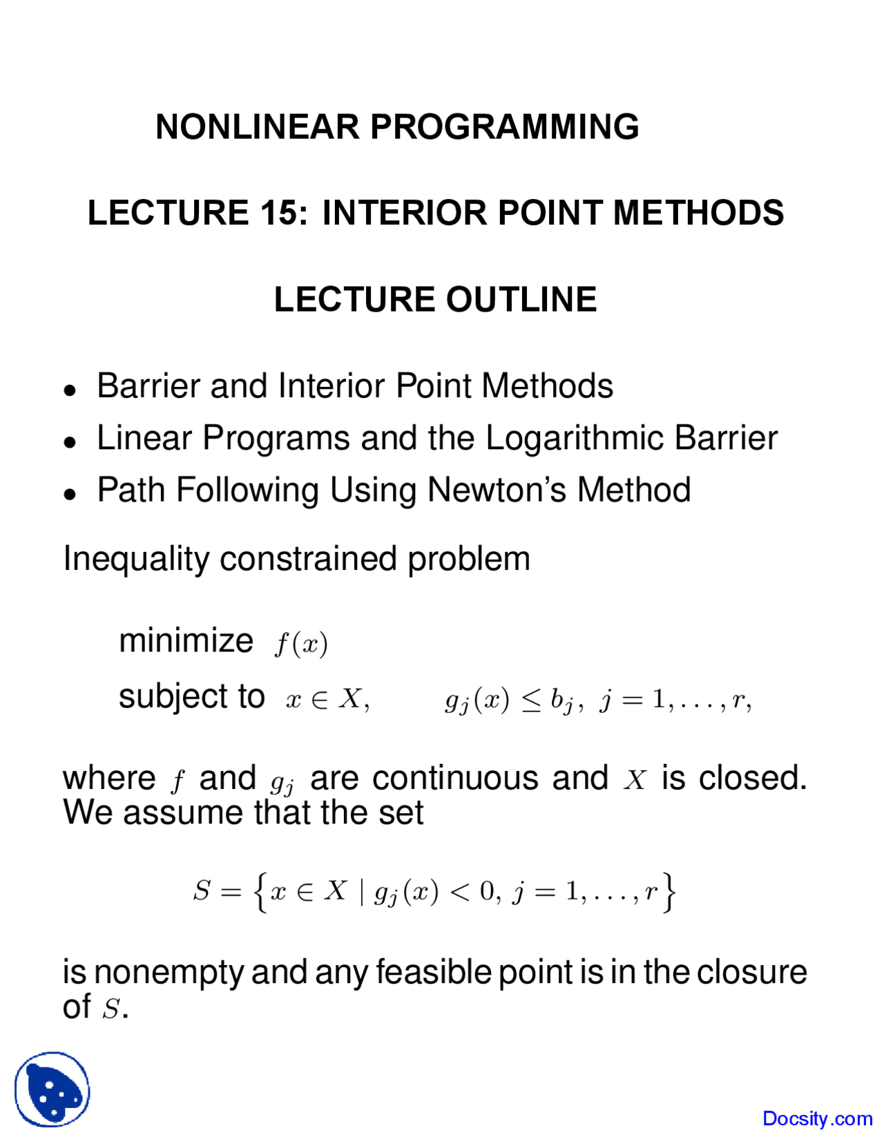 Interior Point Methods - Nonlinear Programming - Lecture Slides - Docsity