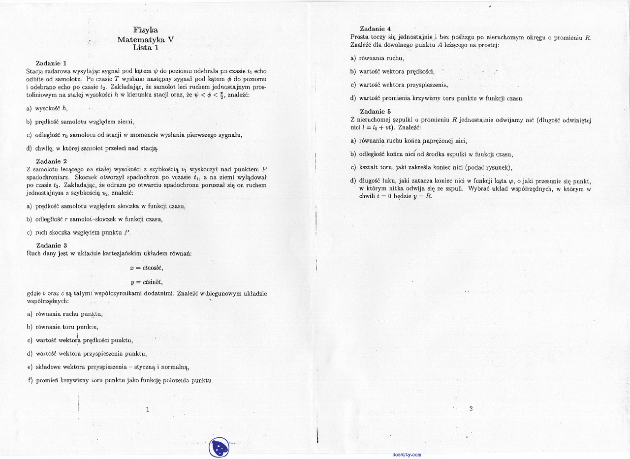 Opis ruchu - Ćwiczenia - Fizyka - Docsity