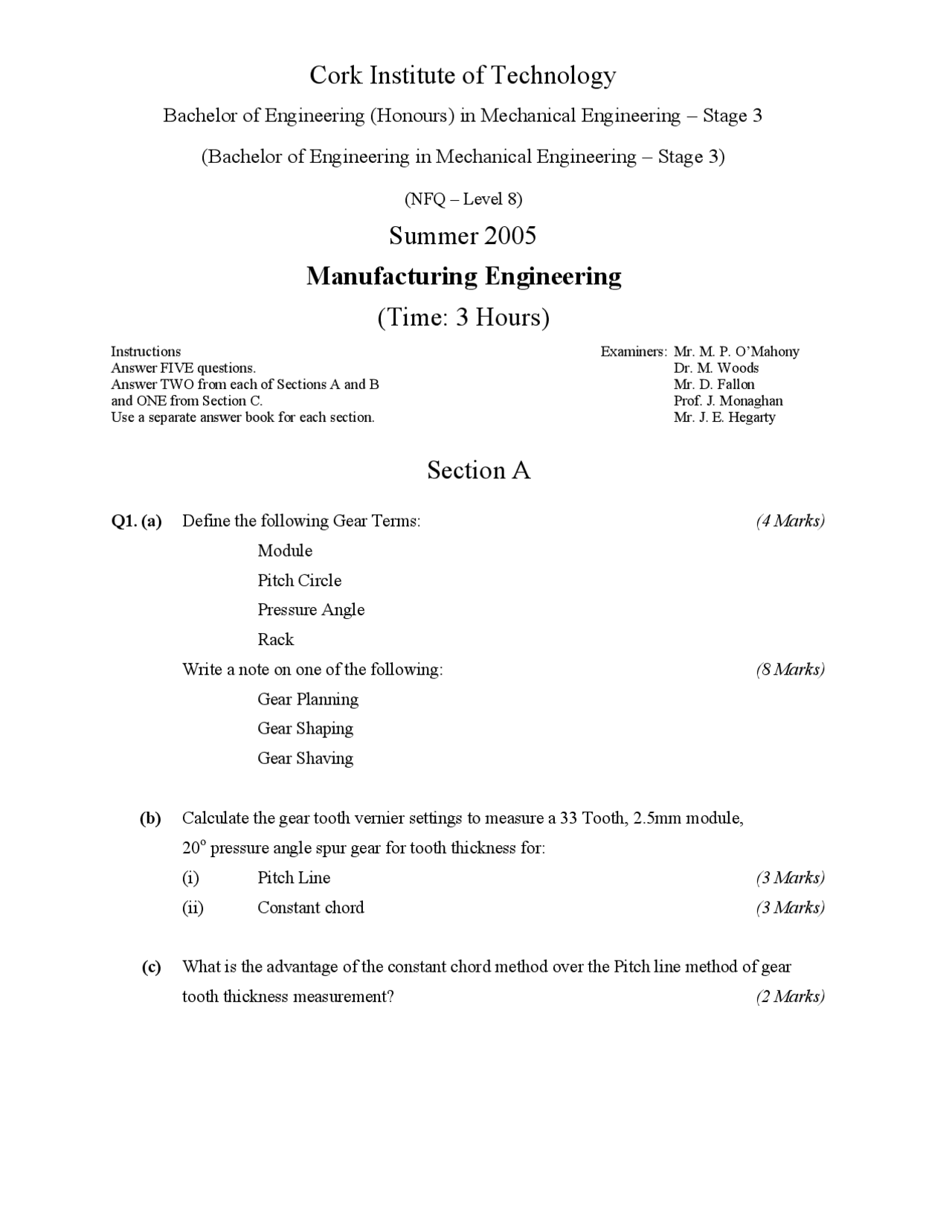 Pitch Circle Manufacturing Engineering Exam Docsity