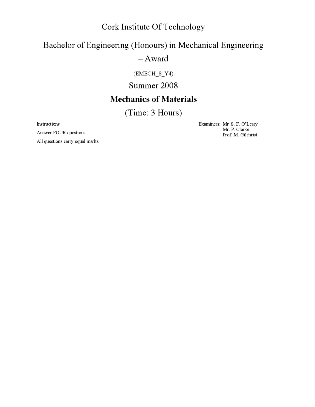 Compliance Functions - Mechanics of Materials - Exam - Docsity