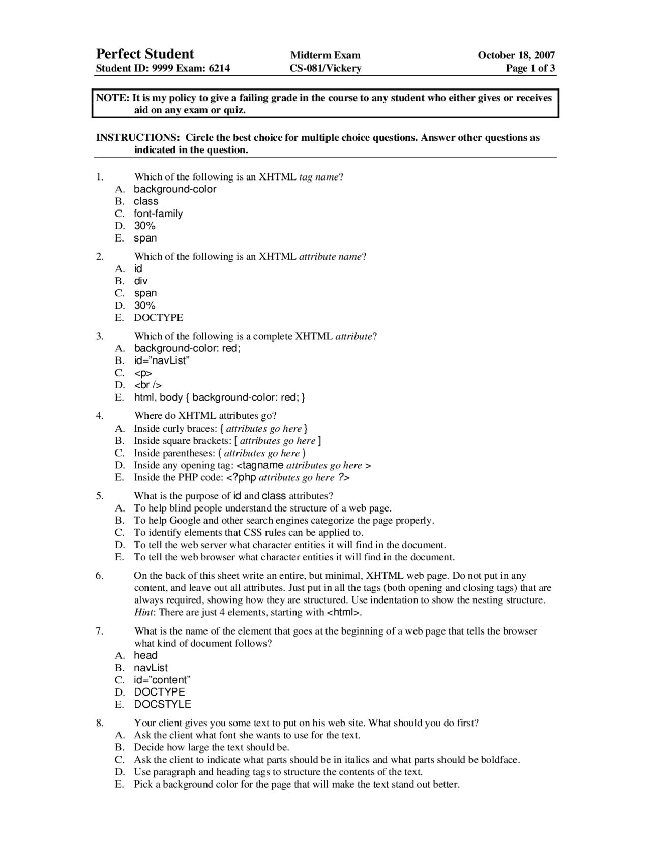 Background-Color - HTML and Web Programming - Exam - Docsity