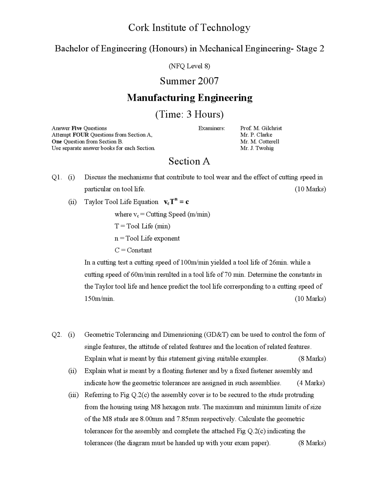 Floating Fastener Manufacturing Engineering Exam Docsity
