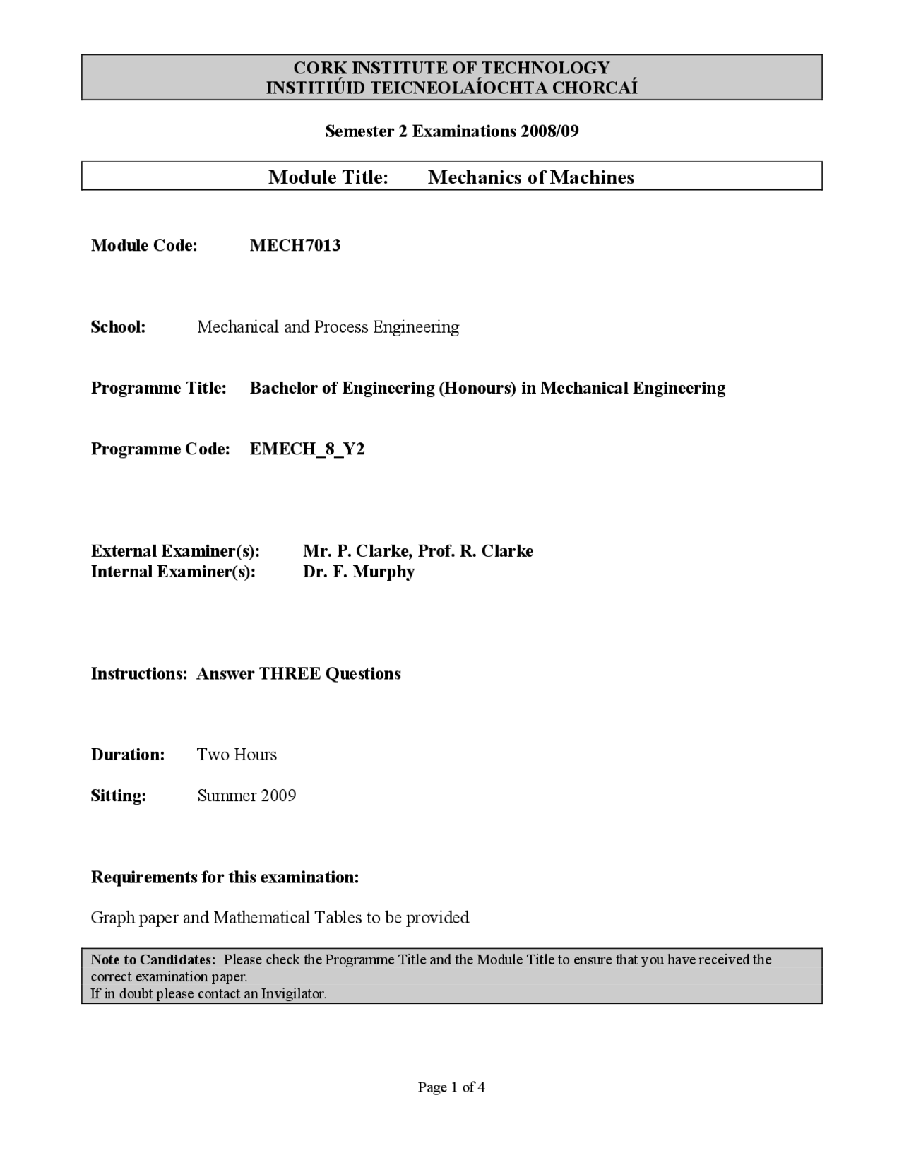 Mechanics of Machines Examination Paper | Exams Materials science | Docsity