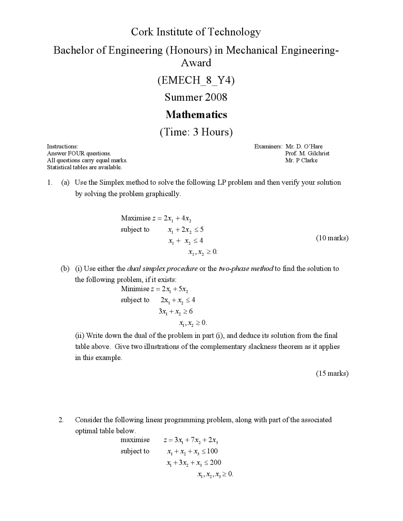 Dual Simplex Procedure - Mathematics - Exam - Docsity