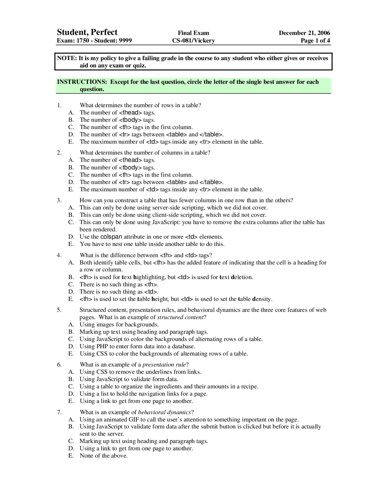 Structured Content - HTML and Web Programming - Exam | Exams Web ...