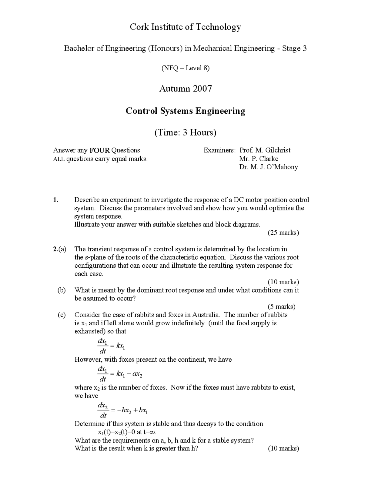 Motor Position Control - Control System Engineering - Exam - Docsity