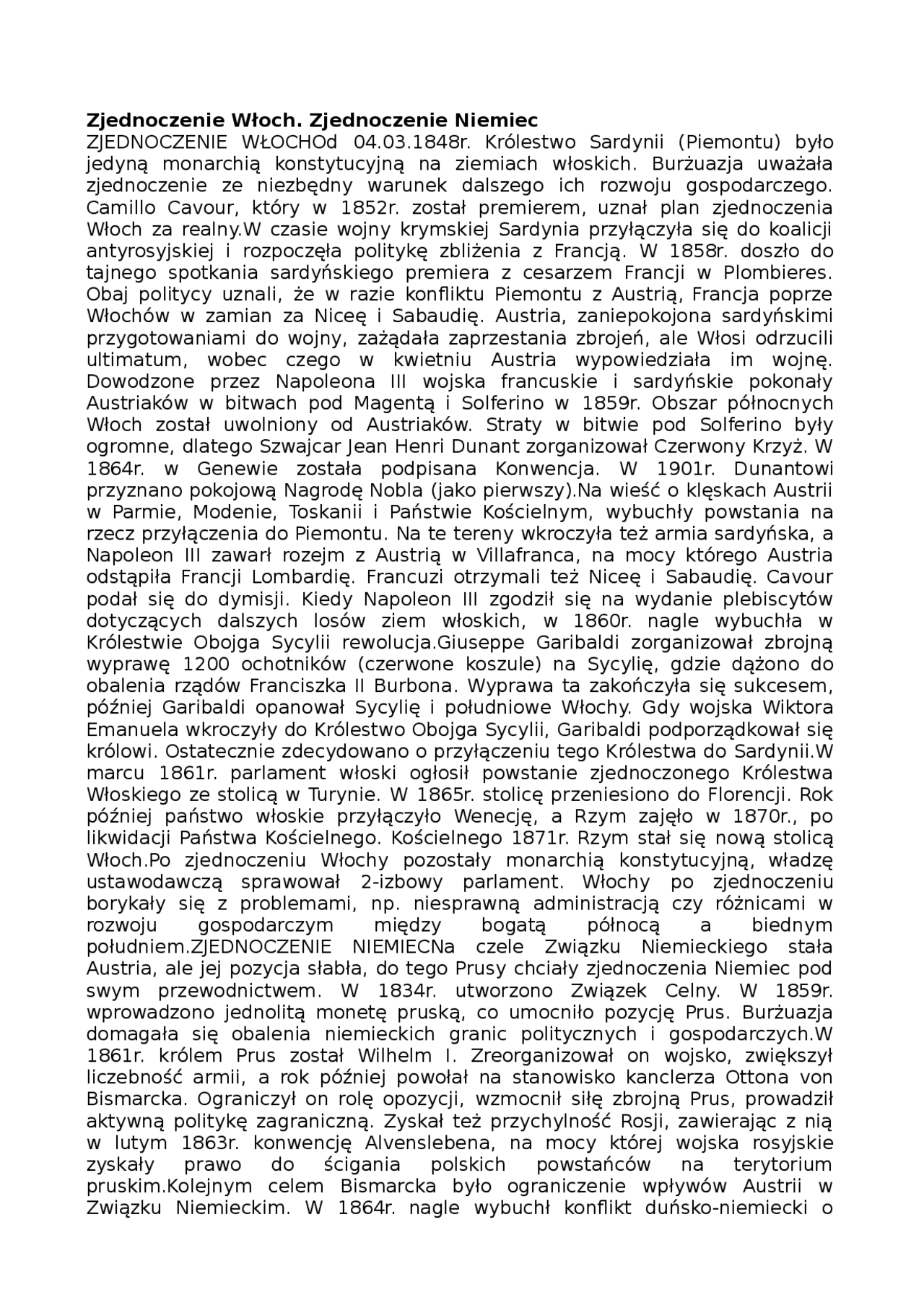 Sprawdzian Historia Zjednoczenie Włoch I Niemiec