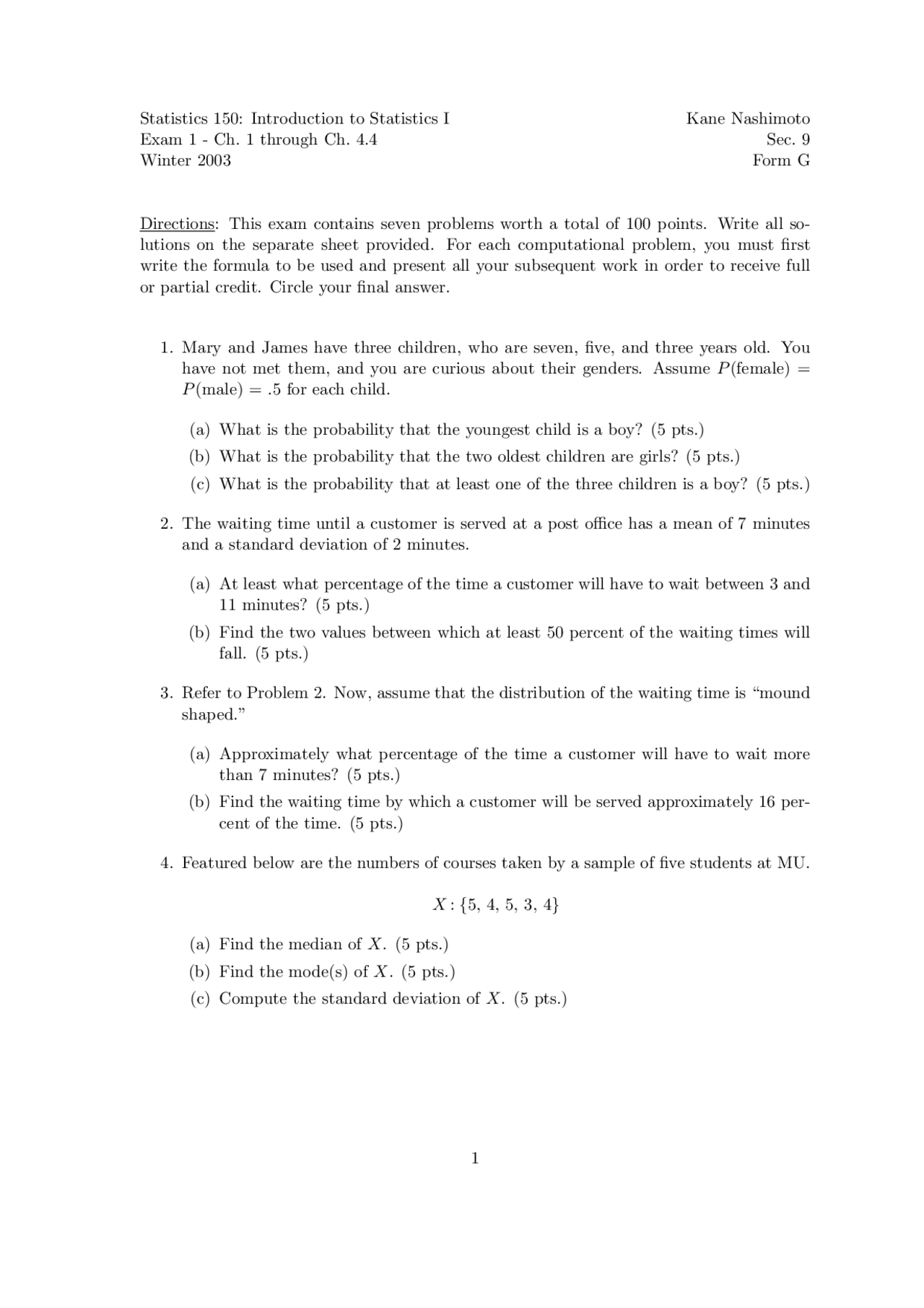 Youngest Child Introduction To Probablilty And Statistics Exam Docsity
