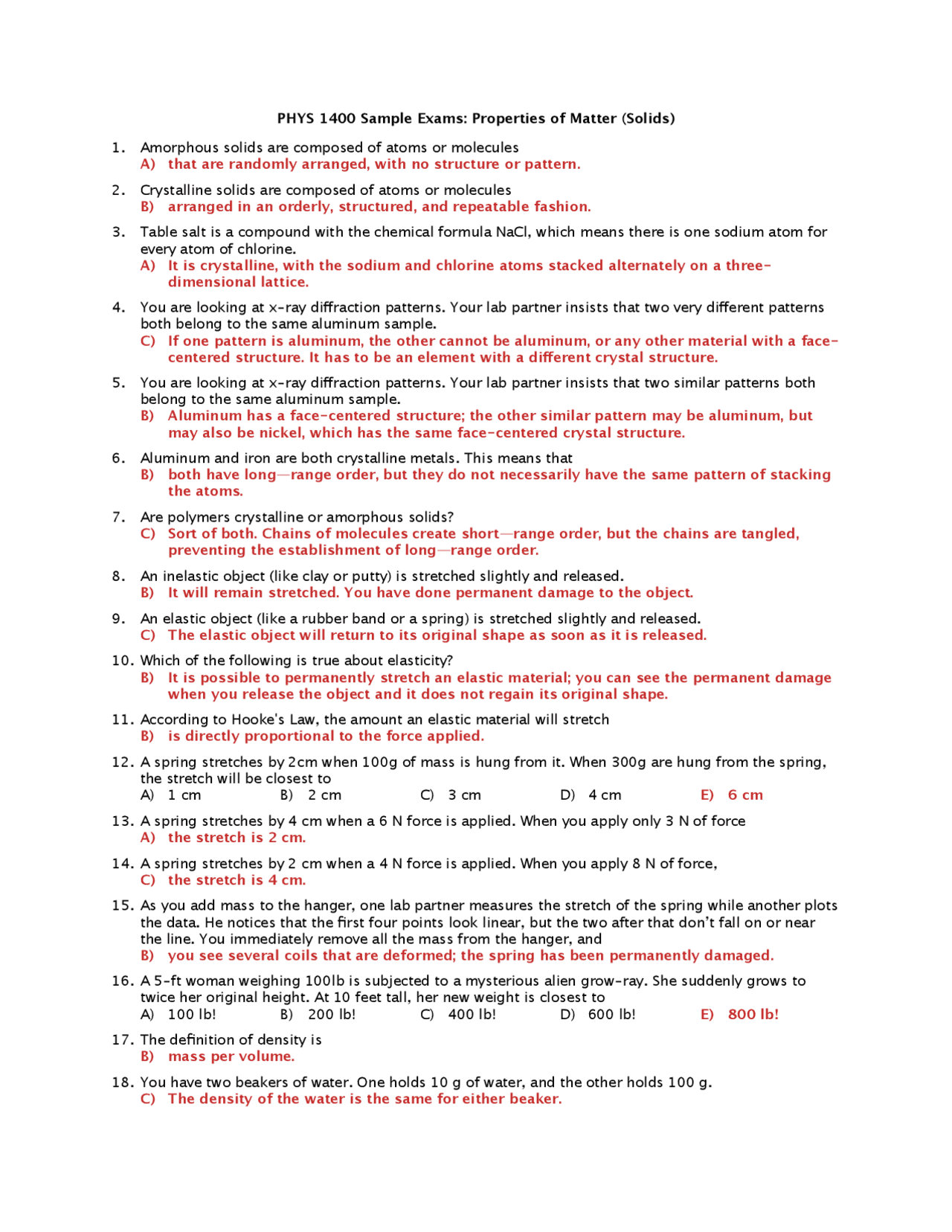 Solids - Properties of Matter - Solved Exam - Docsity