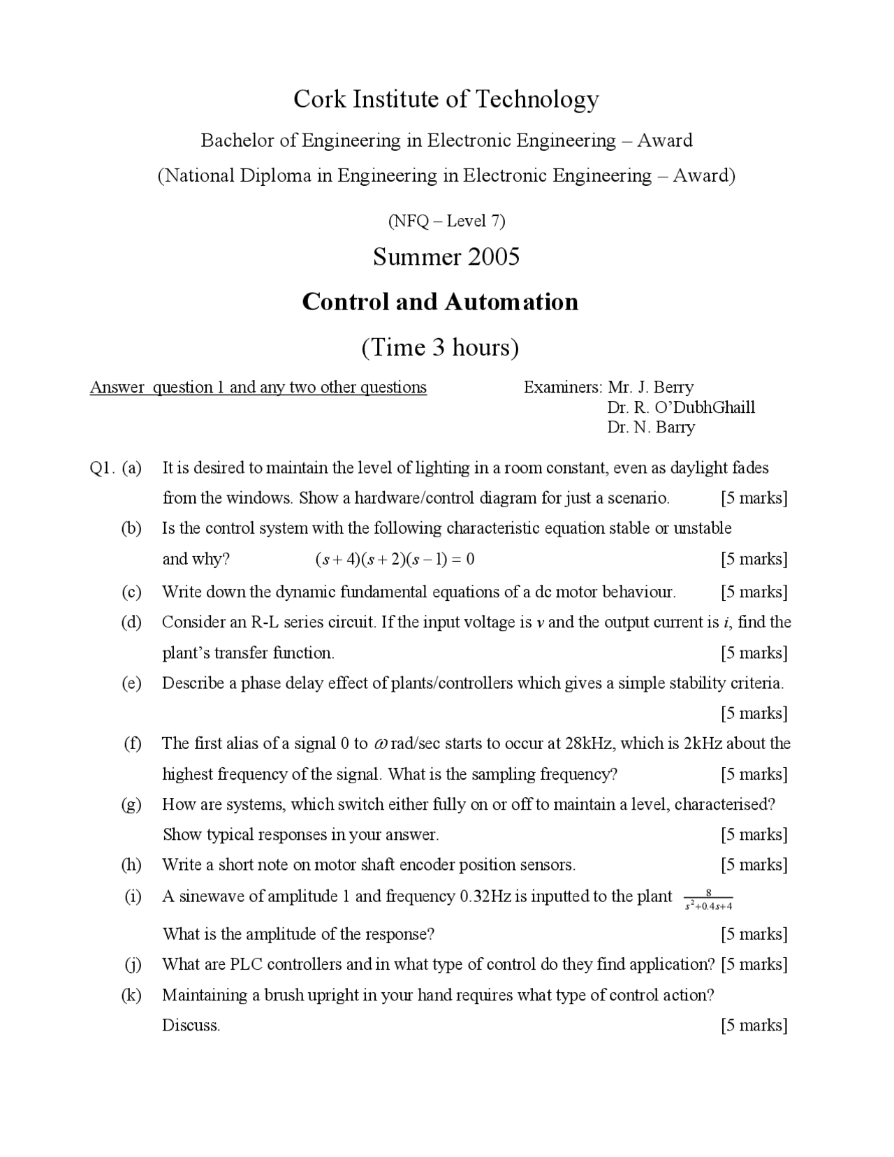 Control system - Control and automation - Exam - Docsity