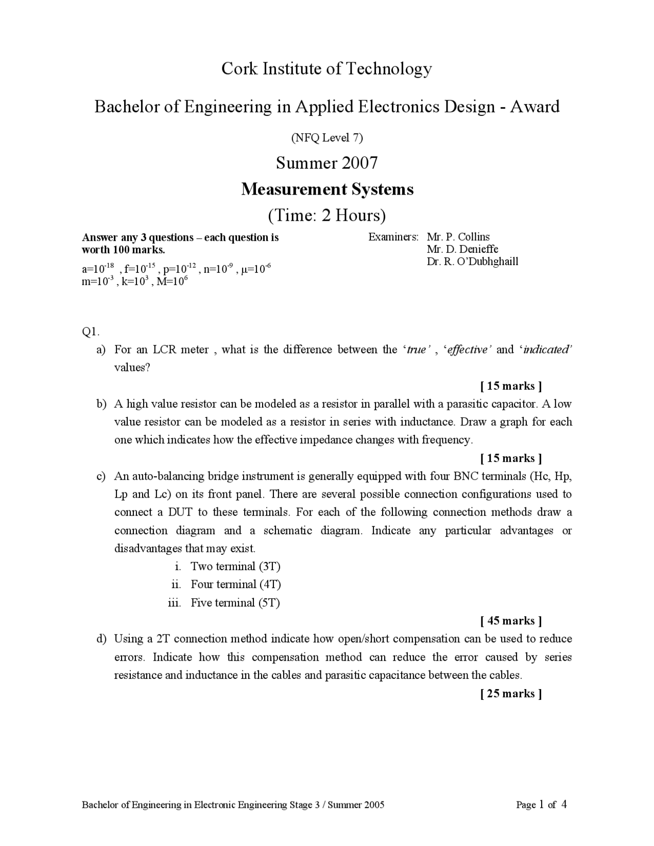 Measurement Systems Exam for Bachelor of Engineering in Applied ...
