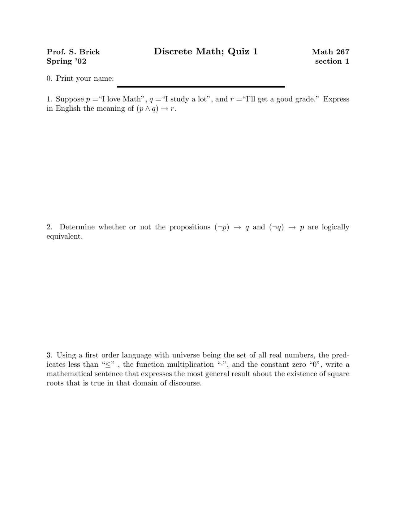 Meaning - Discrete Math - Quiz - Docsity