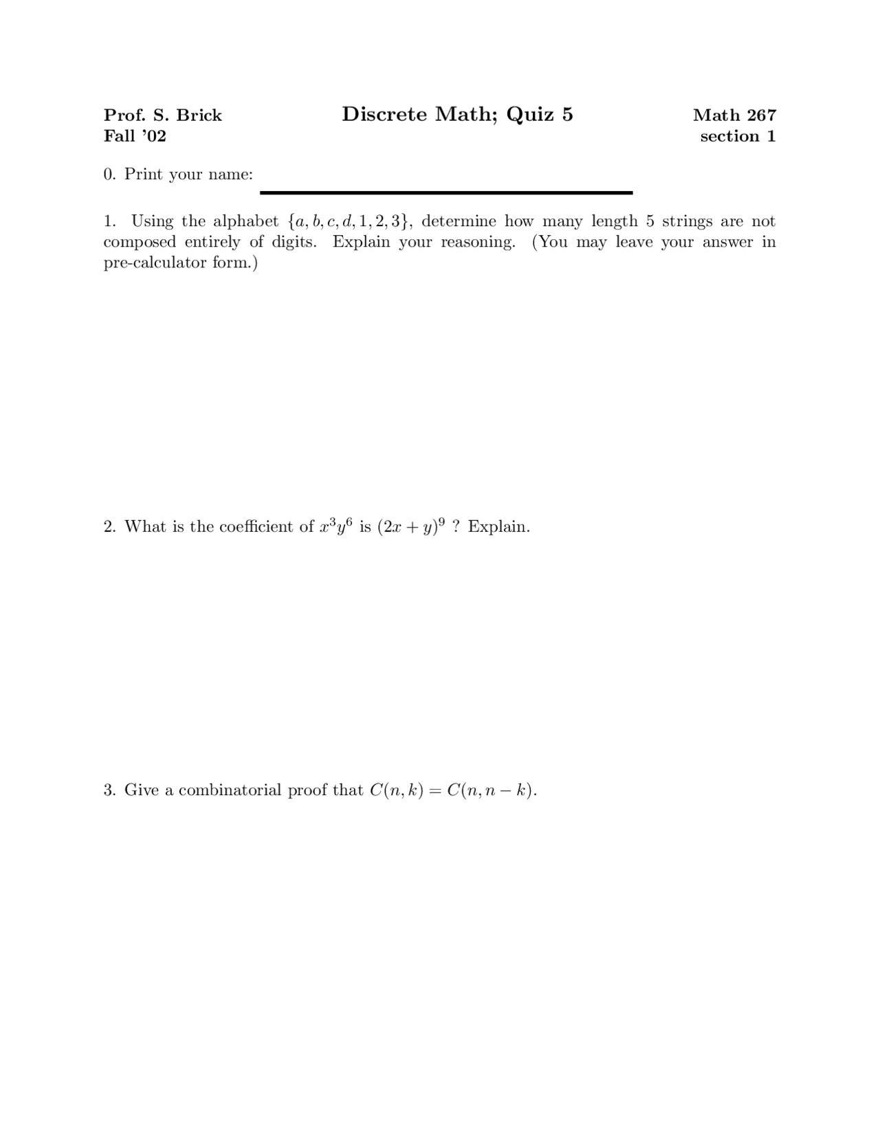 Discrete Math Quiz Example Digits - Discrete Math - Quiz - Docsity