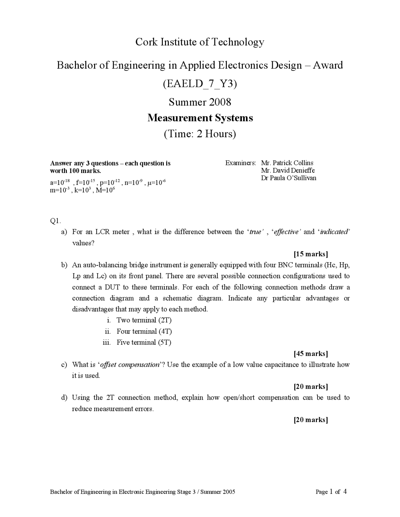 Autobalancing bridge Measurement Systems Exam Docsity