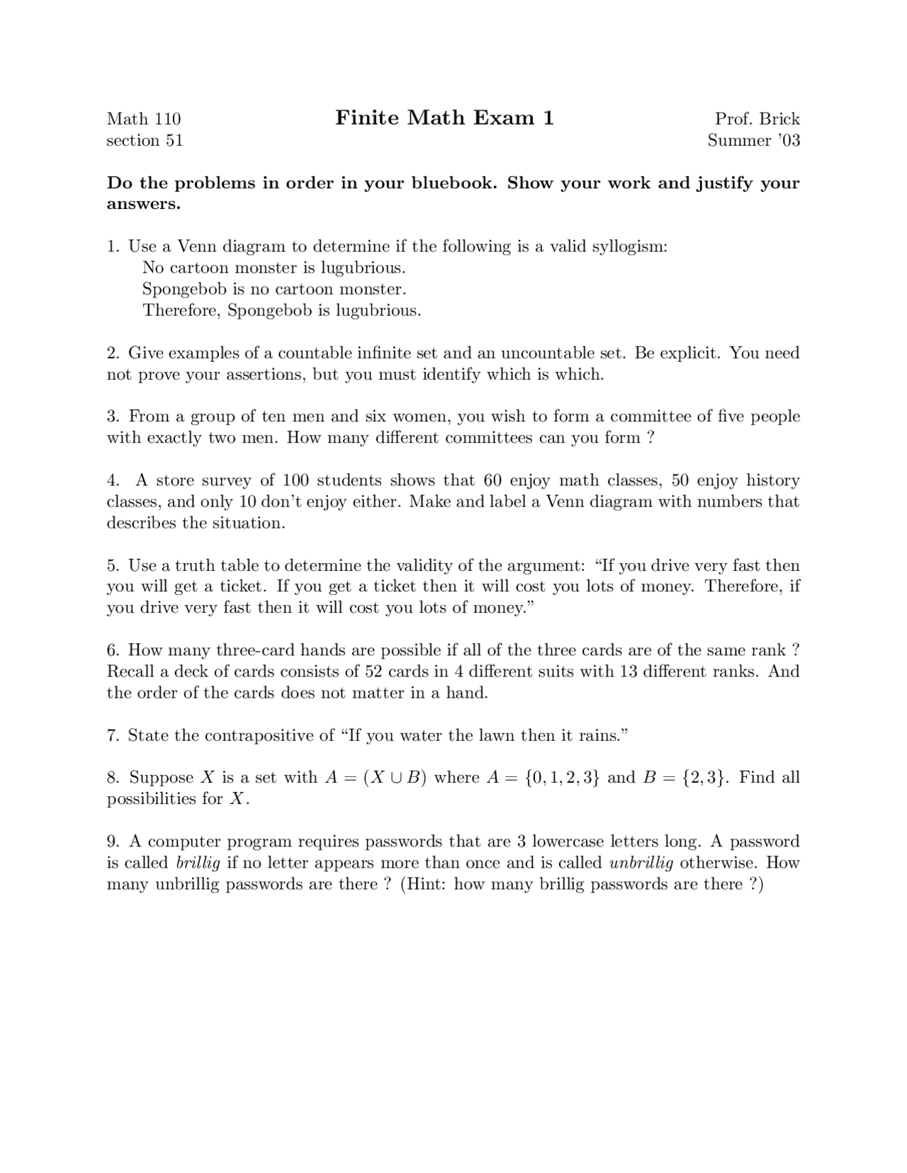 Finite Math Test Question Example Venn Diagram - Finite Math - Exam - Docsity