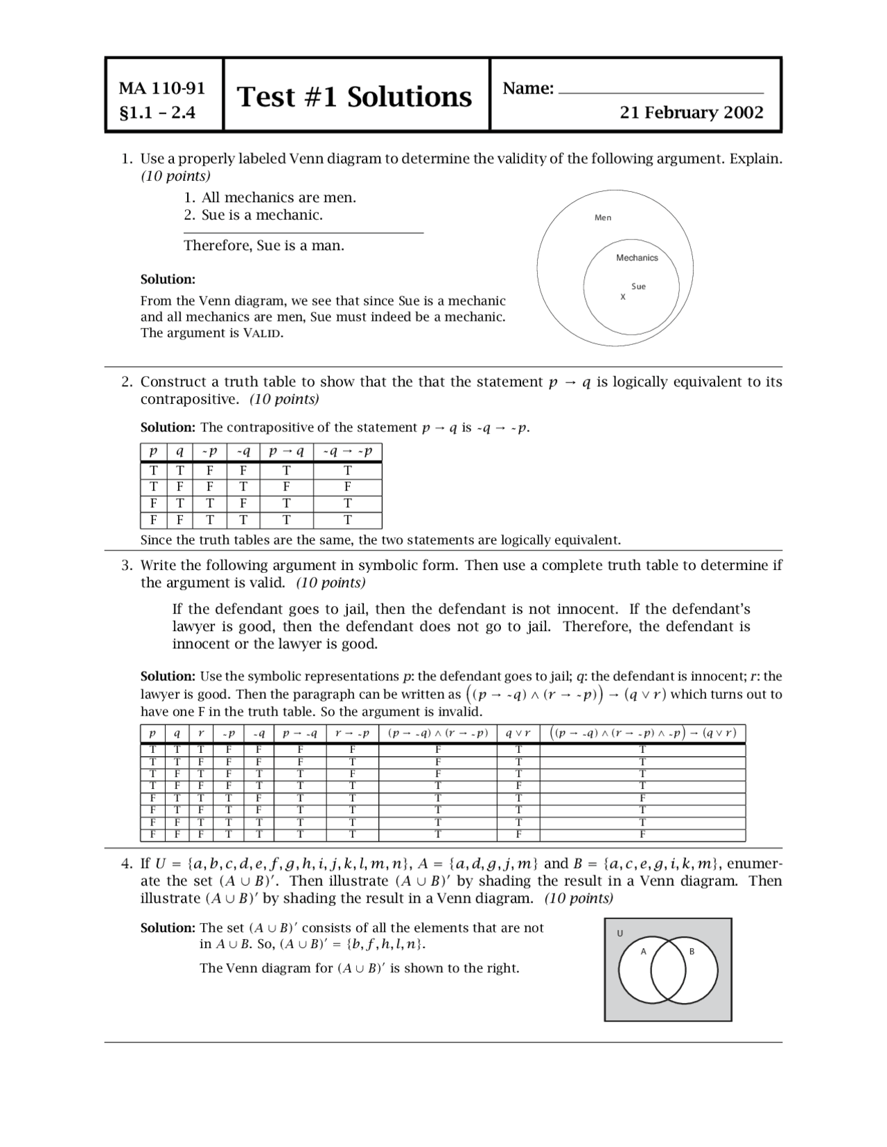 Defendant Finite Math Quiz Docsity