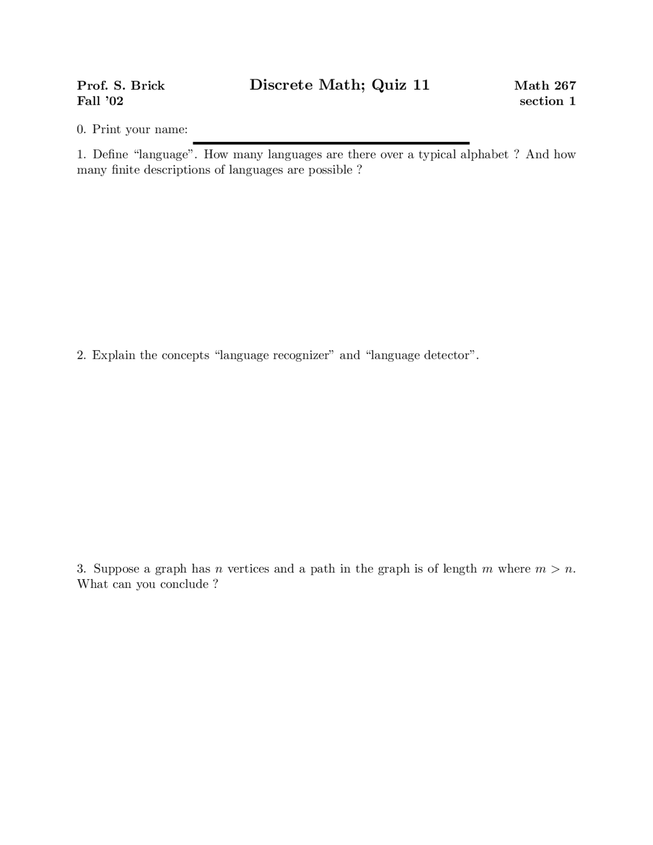 Language Recognizer - Discrete Math - Quiz - Docsity