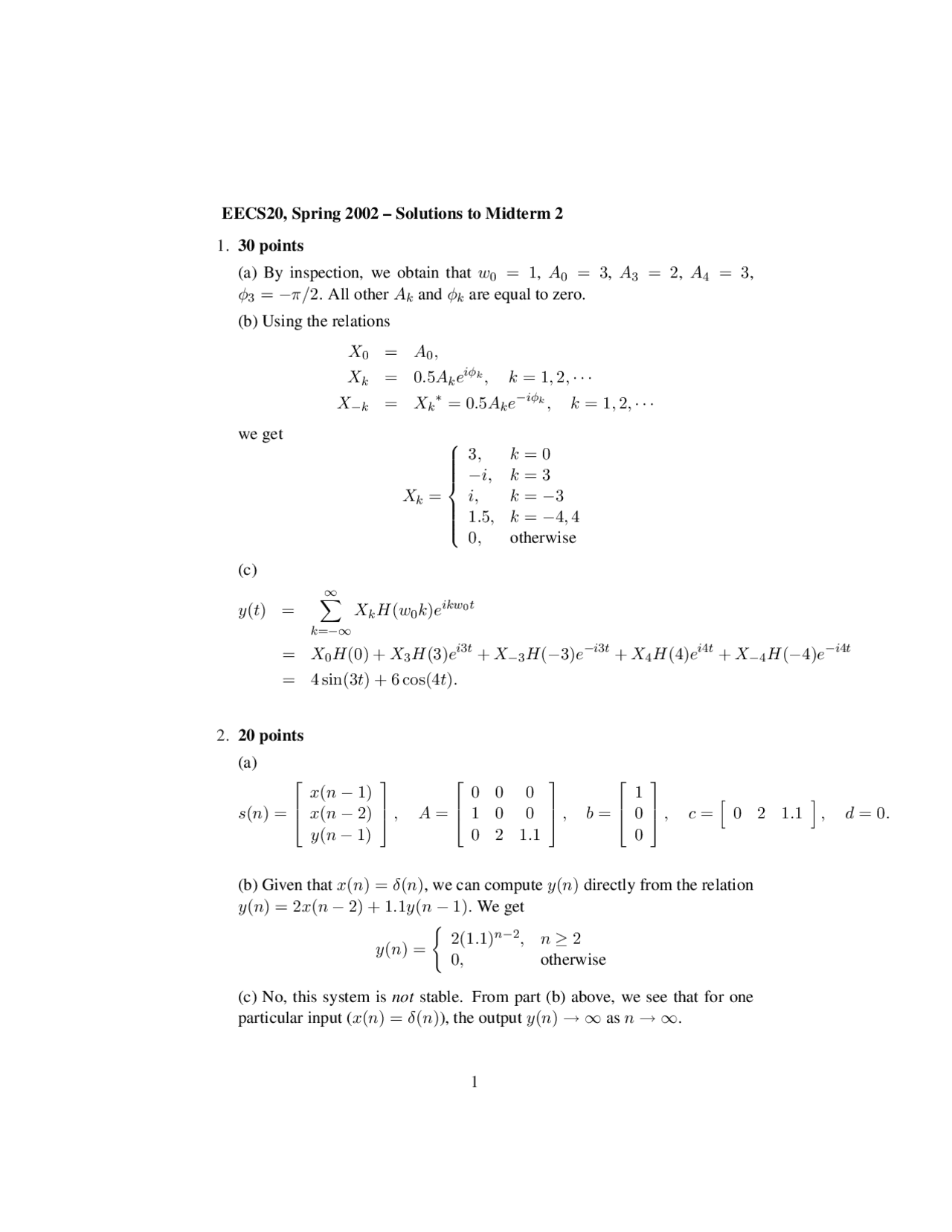 Continuous Time Signal - Signals and Systems - Solved Exam - Docsity
