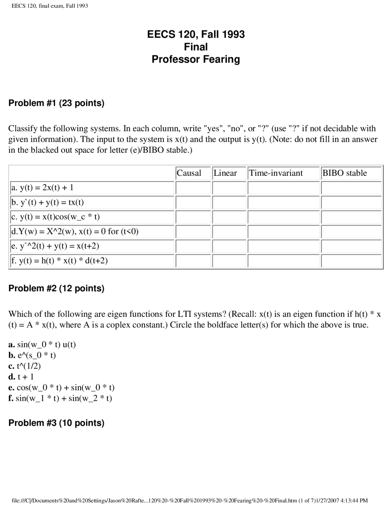 Column Signals And Systems Exam Docsity