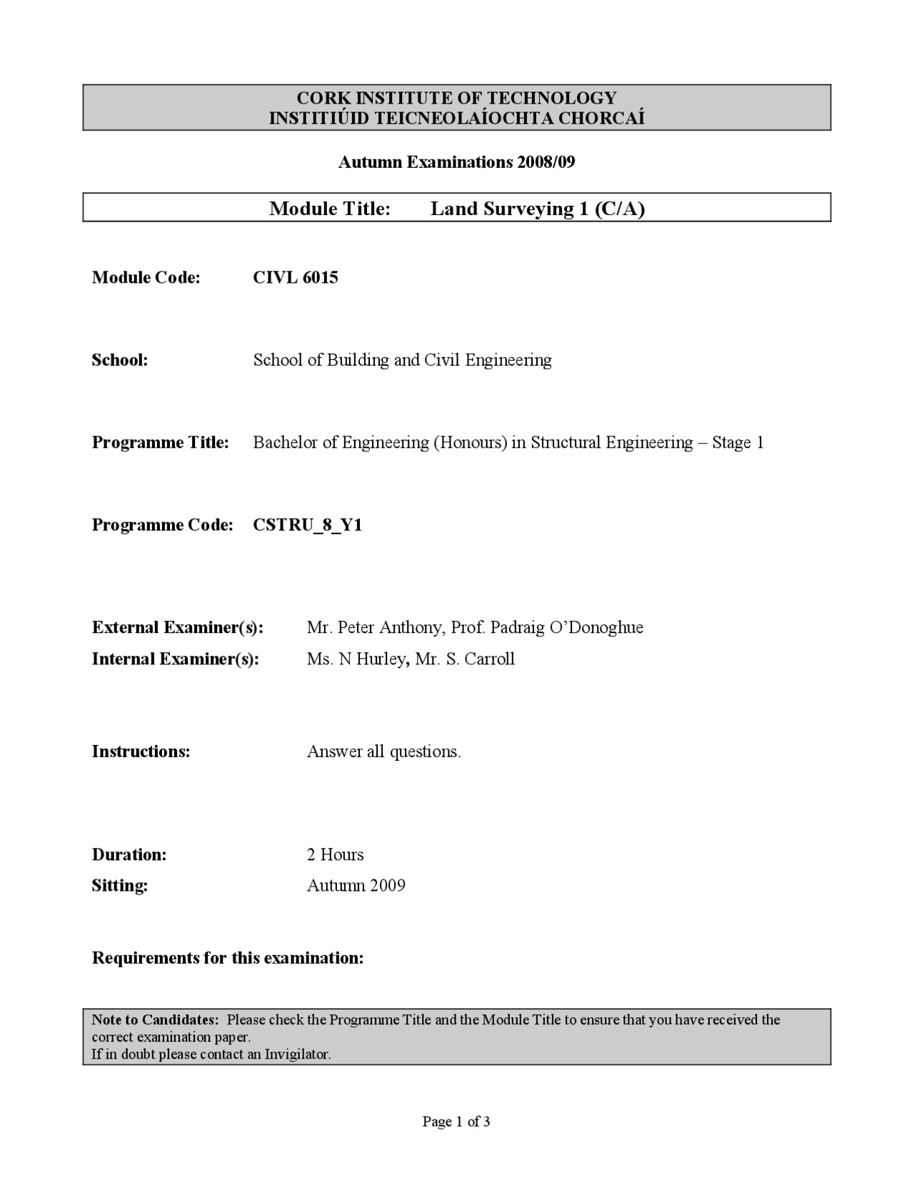 Land Surveying Surveying Old Exam Paper Exams Business Management