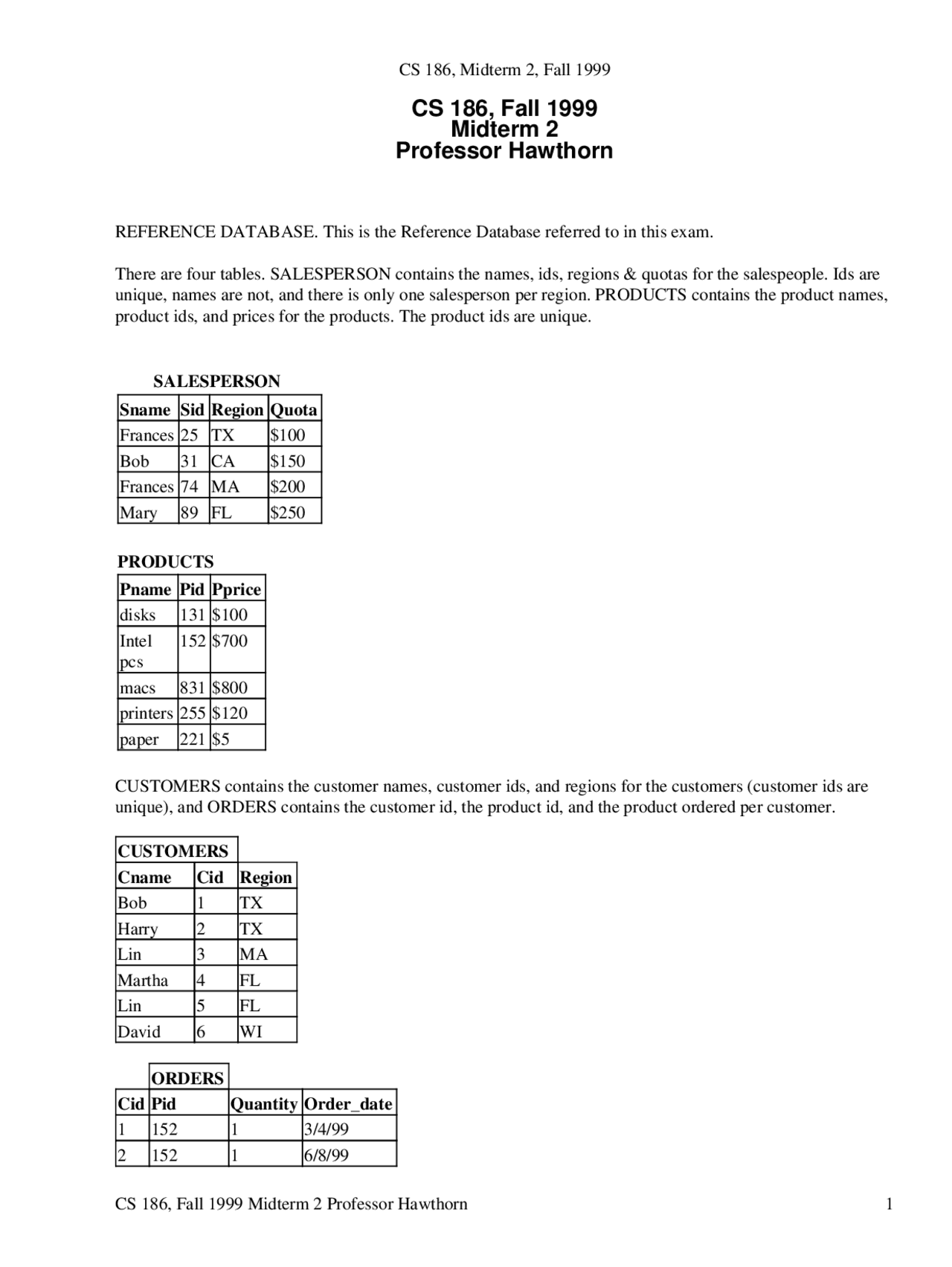 Reference Database -Introduction to Database Systems - Exams - Docsity