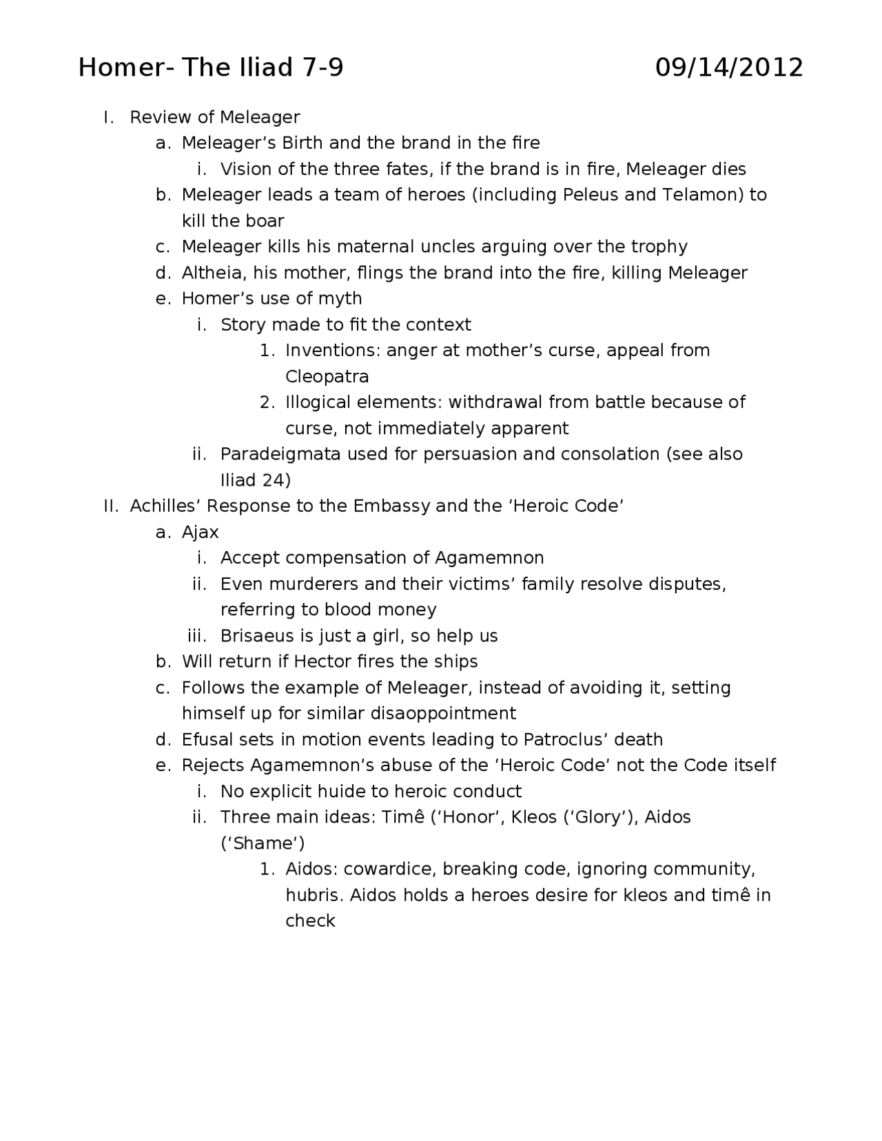 Notes on Homer- The Iliad - Fresh Honors | GTBOOKS 191 - Docsity