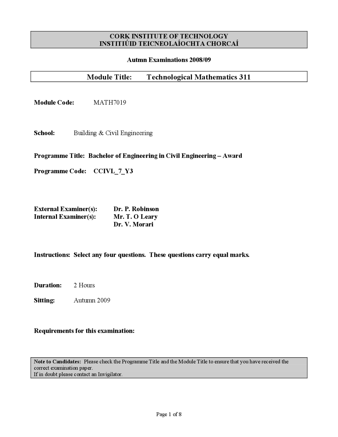 Euler’s Method - Technological Mathematics - Old Exam Paper - Docsity
