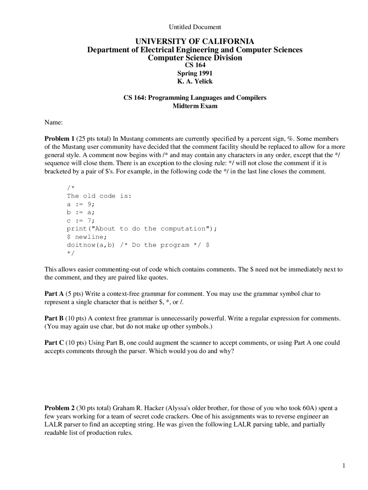 Code Crackers Programming Languages and Compilers Exams Docsity