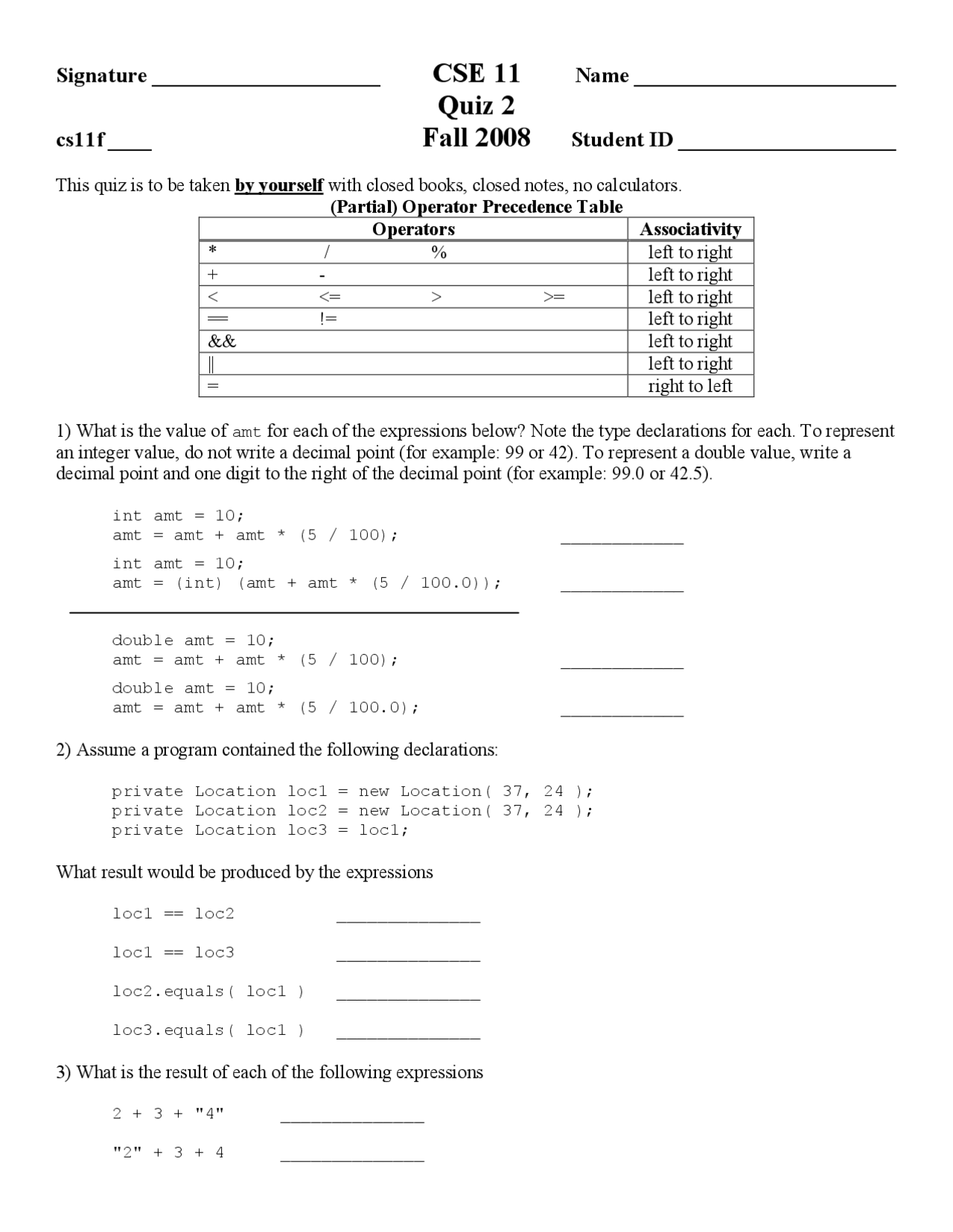 Code Fragment - Computer Science - Quiz - Docsity