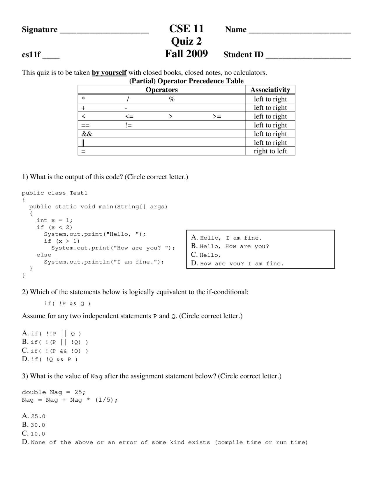 Assignment Statement - Computer Science - Quiz - Docsity