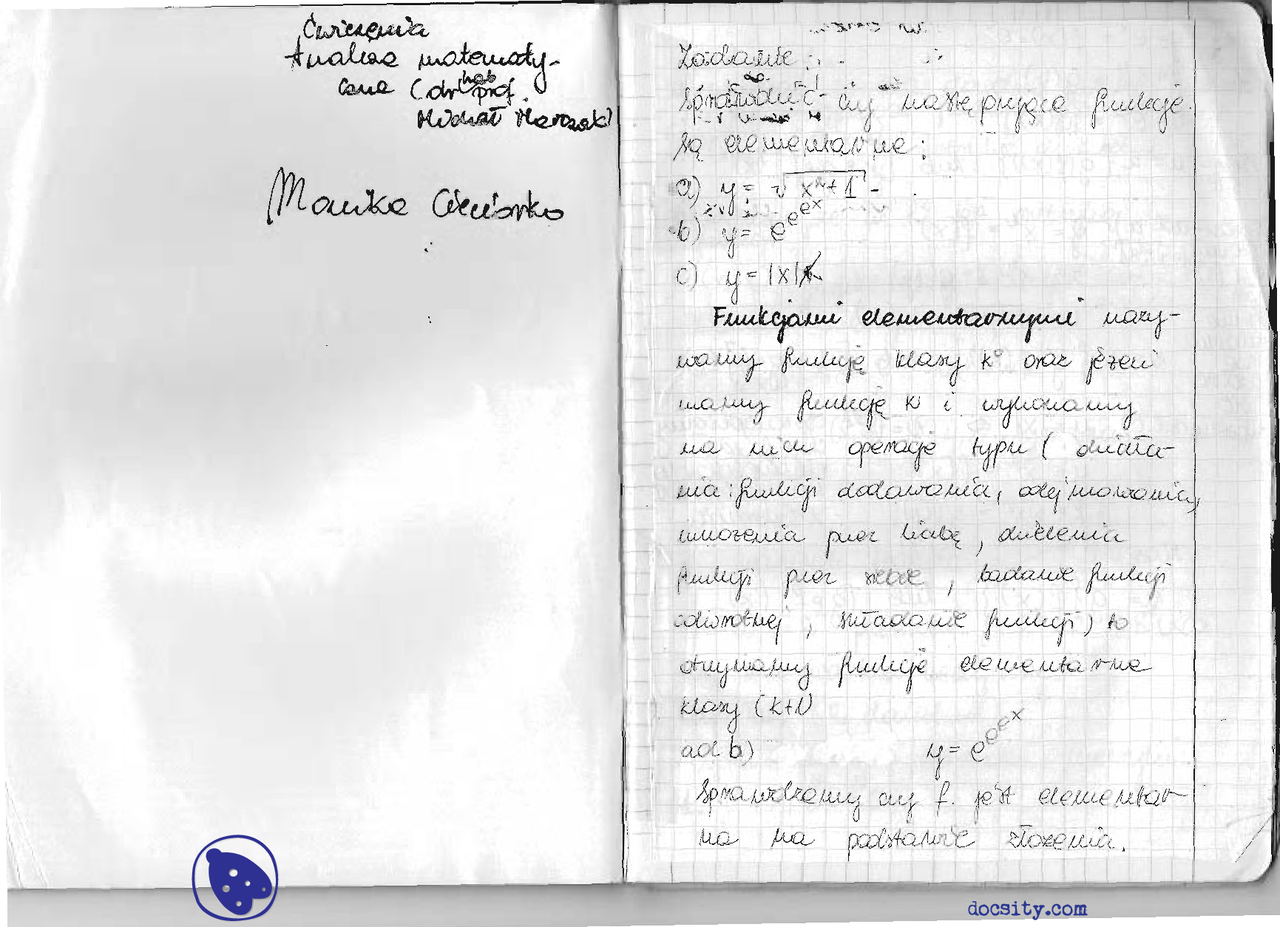 Funkcje elementarne - Ćwiczenia - Analiza matematyczna 2 - Docsity