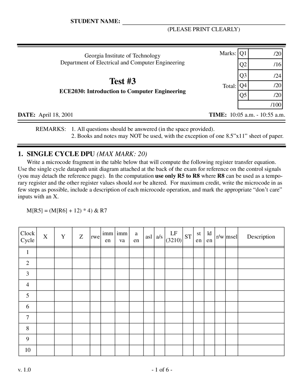 Datapath - Computer Engineering - Exam - Docsity